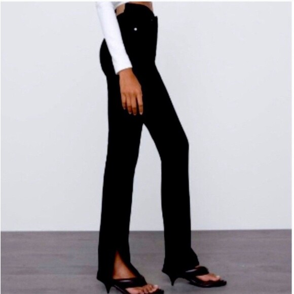 Zara Split Hem Slim Jeans Black High-Rise Full Length Straight Leg Size 12 - Picture 1 of 15
